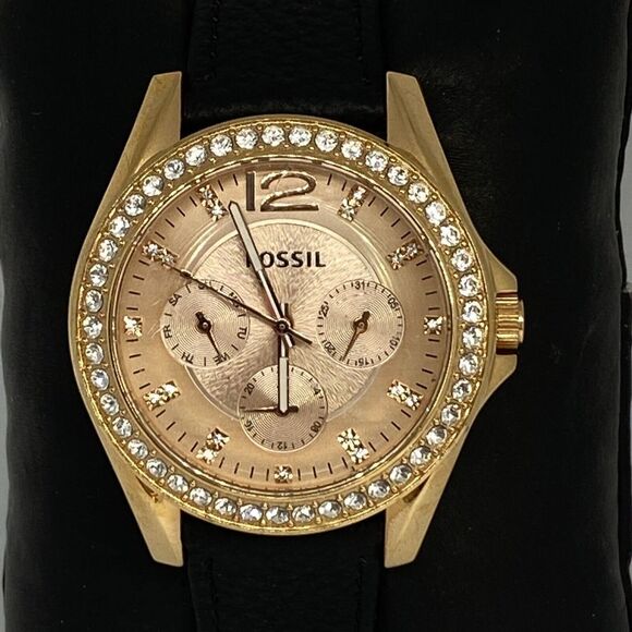Fossil Riley ES2811 Women Black Leather Rose Gold Analog Dial Quartz Watch RK410 - Picture 2 of 12